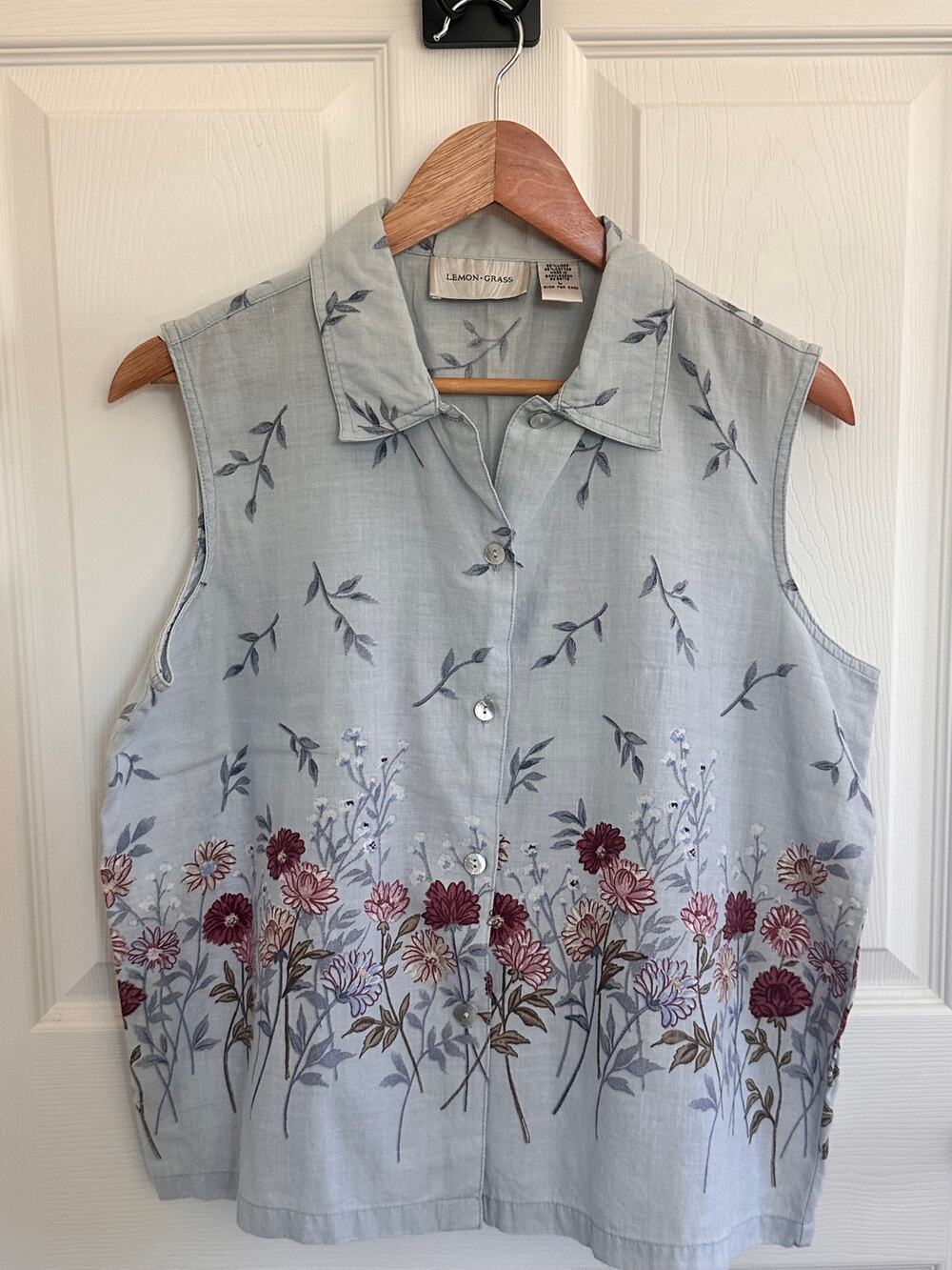 Lemon Grass Linen Cotton Floral Sleeveless Top Large Blue Cottagecore